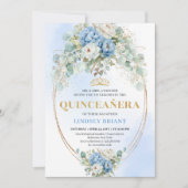 Botanical Blue Floral Quinceañera Invitation Gold Kaart (Voorkant)