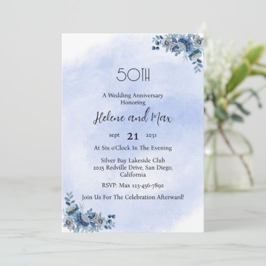 Botanical Blue Floral Wedding Anniversary  Kaart (Staand voorkant)