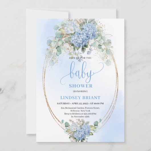 Botanical Blue Hydrangea Eucalyptus Baby Shower  Kaart (Voorkant)