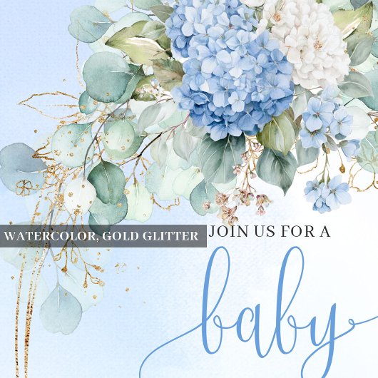 Botanical Blue Hydrangea Eucalyptus Baby Shower Kaart