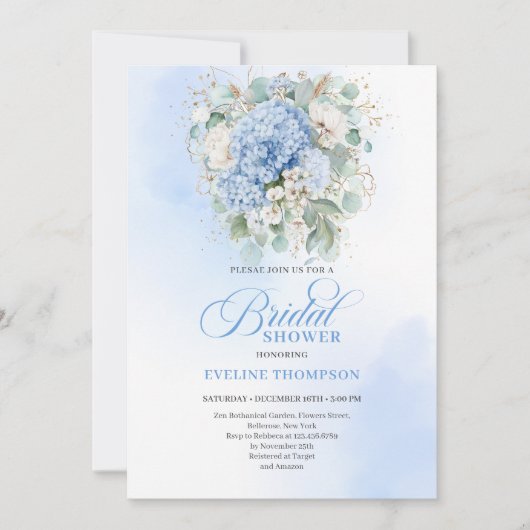 Botanical Blue Hydrangea Eucalyptus Shower Invitat Kaart (Voorkant)