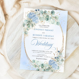 Botanical Blue Hydrangea Eucalyptus Wedding Invite Kaart