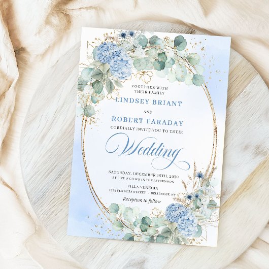 Botanical Blue Hydrangea Eucalyptus Wedding Invite Kaart