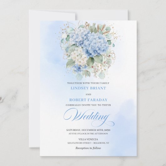 Botanical Blue Hydrangea Floral Wedding Invitation Kaart (Voorkant)