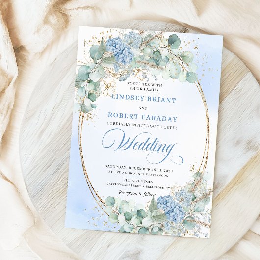 Botanical Blue Hydrangea Wheat Elegant Wedding  Kaart