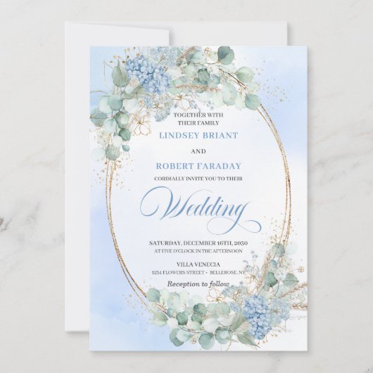 Botanical Blue Hydrangea Wheat Elegant Wedding  Kaart (Voorkant)