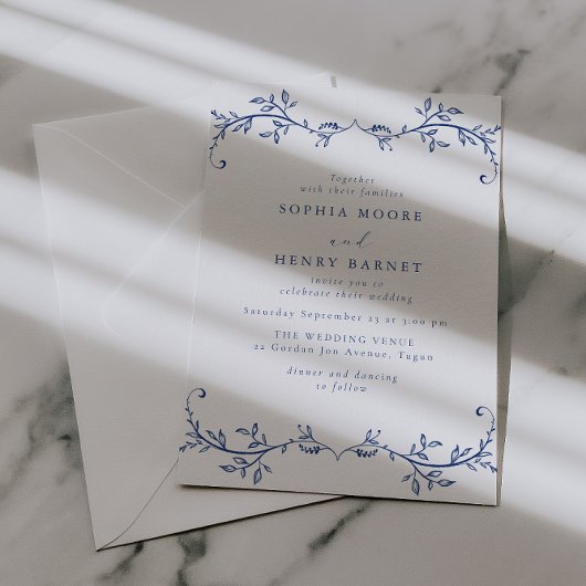 Botanical Blue Line Art Elegant Wedding Kaart