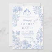 Botanical Blue White Rustic Wildflowers Wedding  Kaart (Voorkant)