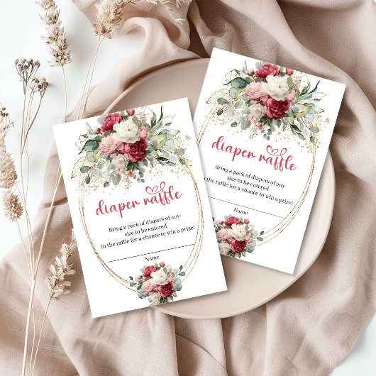Botanical Blush Burgundy Floral Diaper Raffle Informatiekaartje