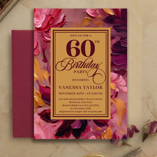 Botanical Boho 60th Birthday Burgundy Floral Gold Kaart