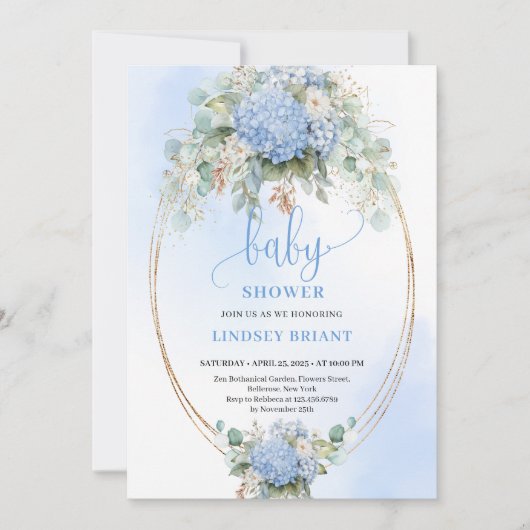 Botanical Boho Blue Hydrangea Baby Shower Invitati Kaart (Voorkant)