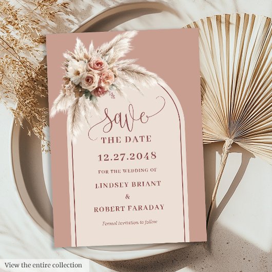 Botanical Boho Dusty Pink Pampas Save the Date Kaart