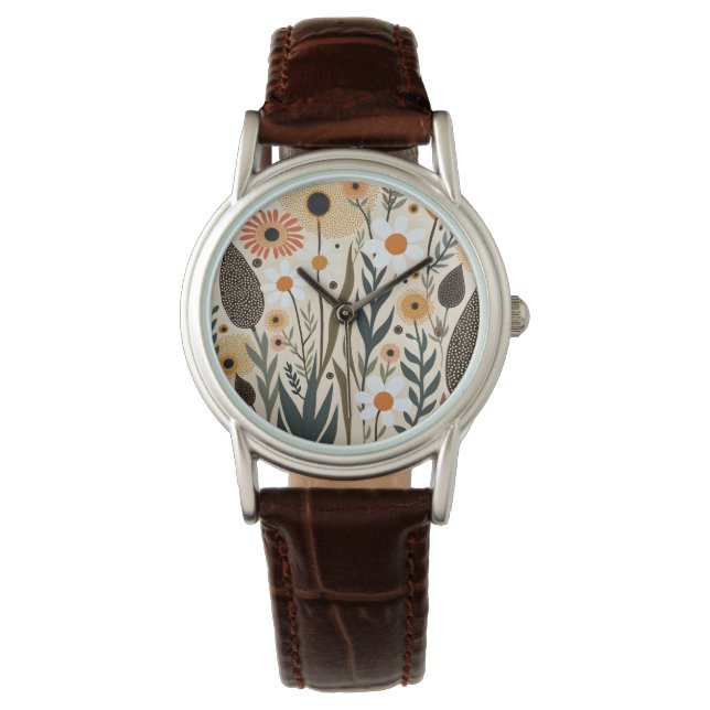 Botanical Boho Flowers Plants Design 389 Horloge (Voorkant)