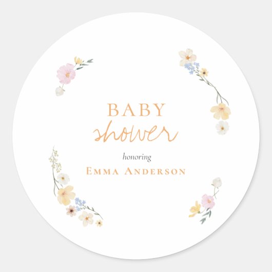 Botanical Boho flowers Script baby shower  Ronde Sticker (Voorkant)