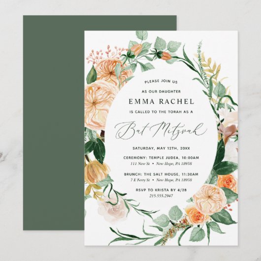 Botanical Boho Personalized Greenery Bat Mitzvah Kaart (Voorkant / Achterkant)