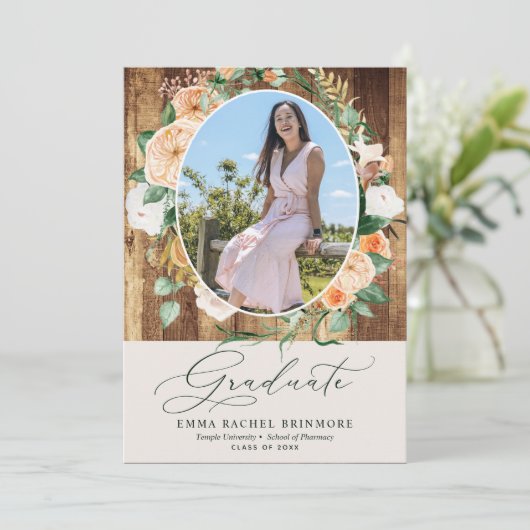 Botanical Boho Wood Foto Afstuderen Aankondiging b (Staand voorkant)