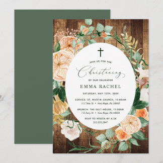 Botanical Boho Woodgrain Christening Gepersonalise Kaart