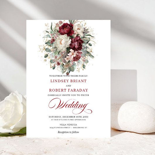 Botanical Burgundy and White Flowers Wedding Invit Kaart