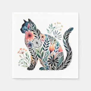 Botanical Cat Silhouette – Floral Natuur Art Servet