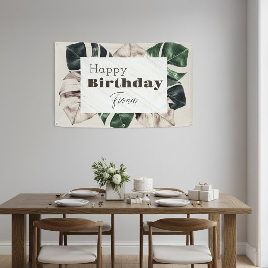 "Botanical Chic" Monstera-blad verjaardagsbanner Spandoek
