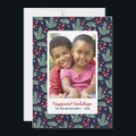 Botanical Christmas | Colorful Holiday Photo Card Feestdagenkaart<br><div class="desc">This cute fotocard features a snapshot-style foto's met a foliday greeting written on it, and a winter foliage pattern in the background. The green pine boughs and red berries appear against a navy blue background color. Additional foto's can be added to the back of the card by clicking the "Customize...</div>