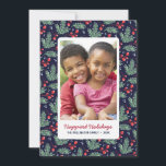 Botanical Christmas | Colorful Holiday Photo Card Feestdagenkaart<br><div class="desc">This cute fotocard features a snapshot-style foto's met a foliday greeting written on it, and a winter foliage pattern in the background. The green pine boughs and red berries appear against a navy blue background color. Additional foto's can be added to the back of the card by clicking the "Customize...</div>