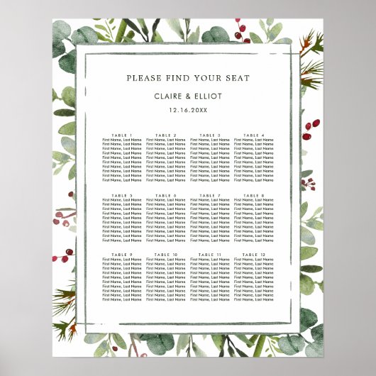 Botanical Christmas Green Wedding Seating Chart Poster (Voorkant)