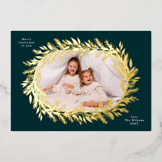 botanical christmas photo gold wreath folie feestdagenkaart (Voorkant)