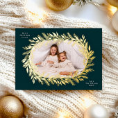 botanical christmas photo gold wreath folie feestdagenkaart