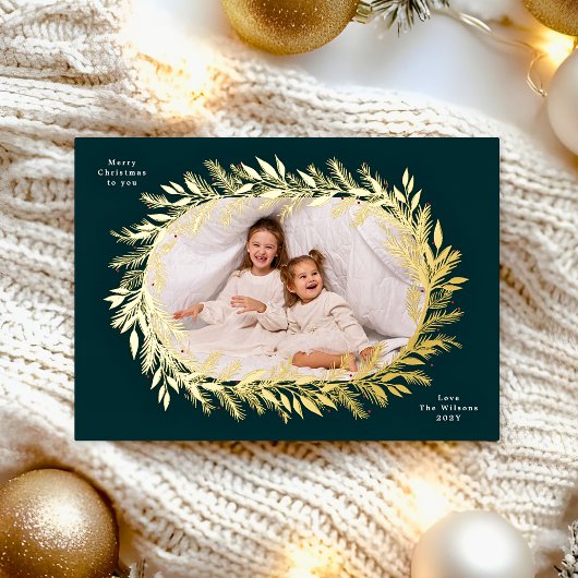 botanical christmas photo gold wreath folie feestdagenkaart