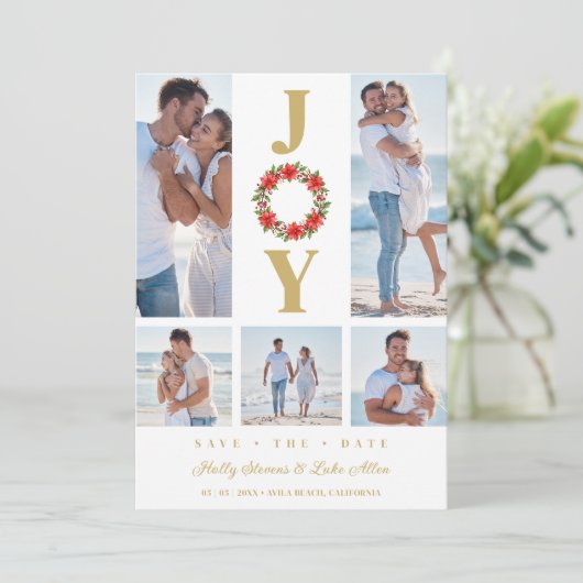 Botanical Christmas Wreath Initials 5 Photos Save The Date (Staand voorkant)