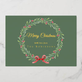 Botanical Christmas Wreath Modern Gold Script Folie Feestdagenkaart