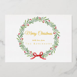 Botanical Christmas Wreath Modern Gold Script Folie Feestdagenkaart