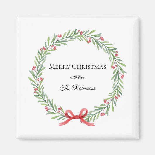 Botanical Christmas Wreath Modern Script Magneet (Voorkant)