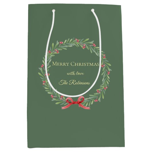 Botanical Christmas Wreath Modern Script Medium Cadeauzakje (Voorkant)