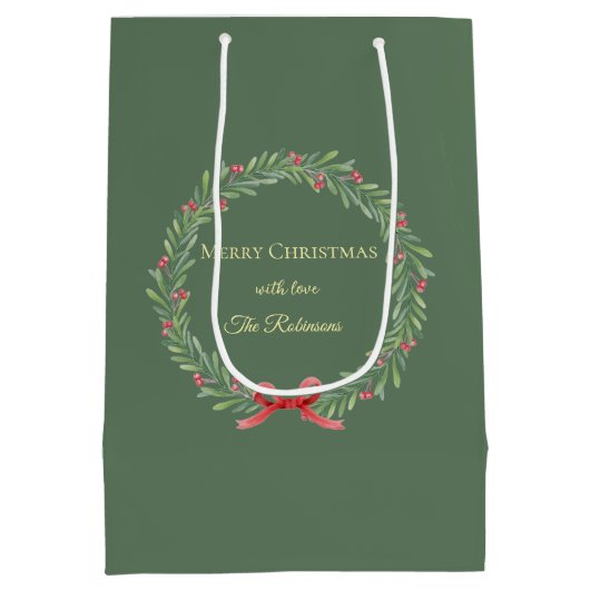 Botanical Christmas Wreath Modern Script Medium Cadeauzakje (Achterkant)
