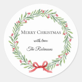 Botanical Christmas Wreath Modern Script Ronde Sticker