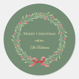 Botanical Christmas Wreath Modern Script  Ronde Sticker