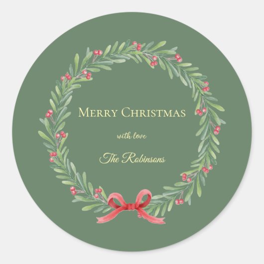 Botanical Christmas Wreath Modern Script Ronde Sticker (Voorkant)