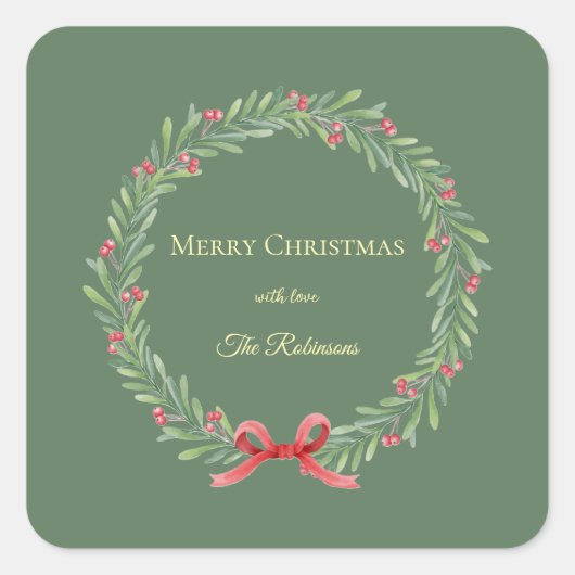 Botanical Christmas Wreath Modern Script Vierkante Sticker (Voorkant)