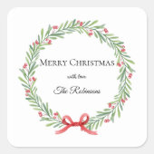 Botanical Christmas Wreath Modern Script Vierkante Sticker (Voorkant)