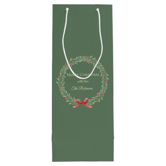 Botanical Christmas Wreath Modern Script Wijn Cadeautas (Achterkant)