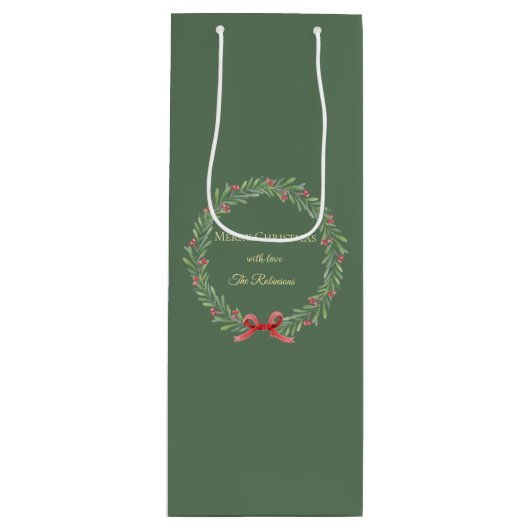 Botanical Christmas Wreath Modern Script Wijn Cadeautas (Voorkant)