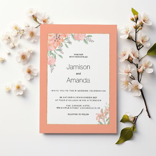 Botanical coral mint gold spring floral Wedding Kaart