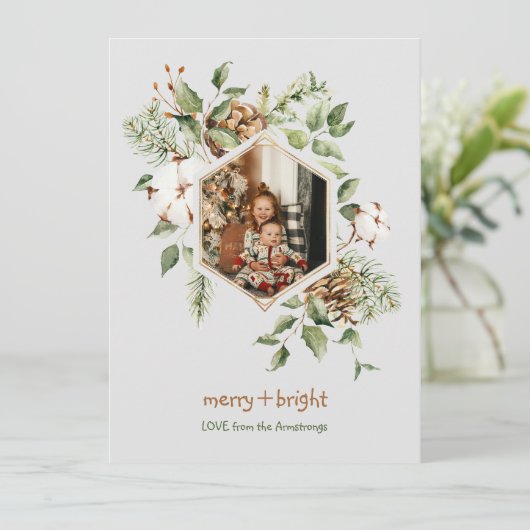 Botanical Cotton Merry Bright Foto Feestdagenkaart (Staand voorkant)