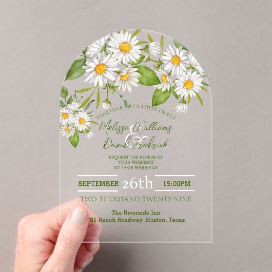 Botanical Country Wildflower Spring Daisy Wedding Acryl Uitnodigingen (Insitu (Draagbaar))