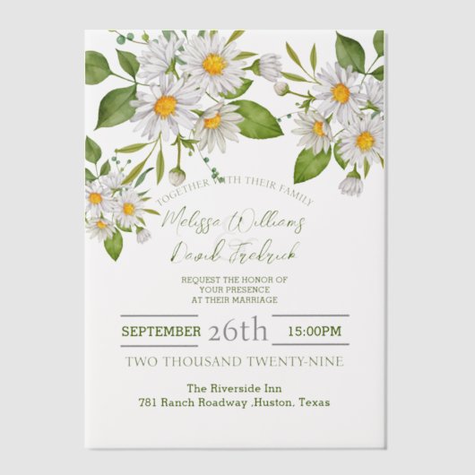 Botanical Country Wildflower Spring Daisy Wedding Vellum Uitnodigingen (Voorkant)