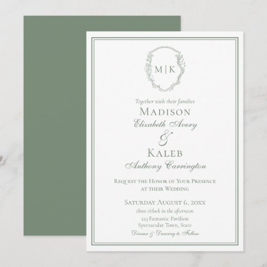 Botanical Crest Classic Elegant Monogram Sage Kaart (Voorkant / Achterkant)