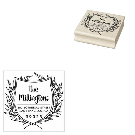 Botanical Crest Familienaam Script Retouradres Rubberstempel (Gestempeld)