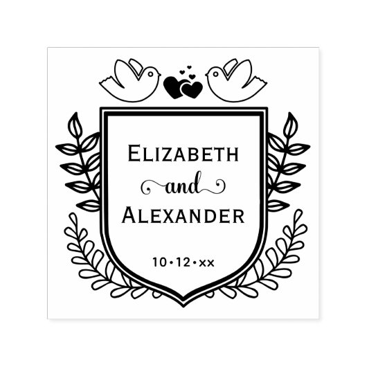 Botanical Crest Love Birds Hearts Couple Wedding Zelfinktende Stempel (Design)
